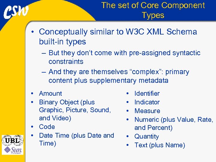 The set of Core Component Types • Conceptually similar to W 3 C XML