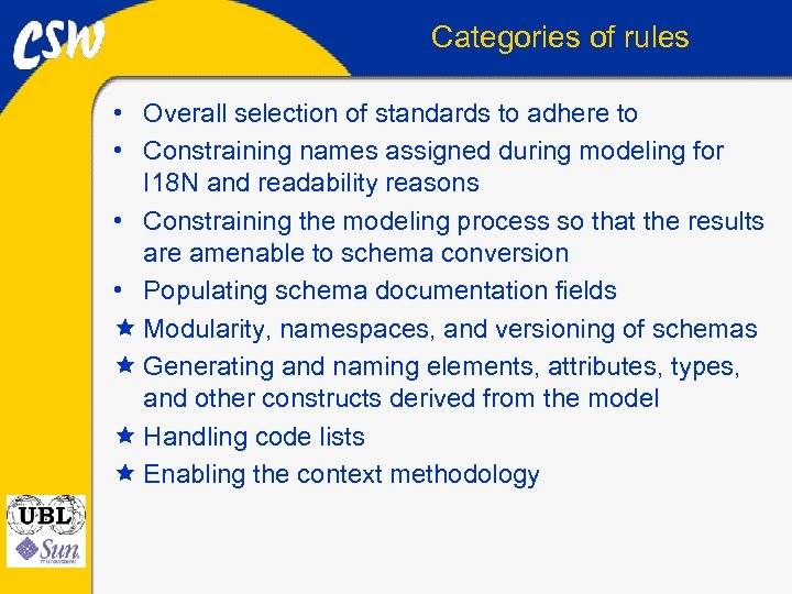 Categories of rules • Overall selection of standards to adhere to • Constraining names
