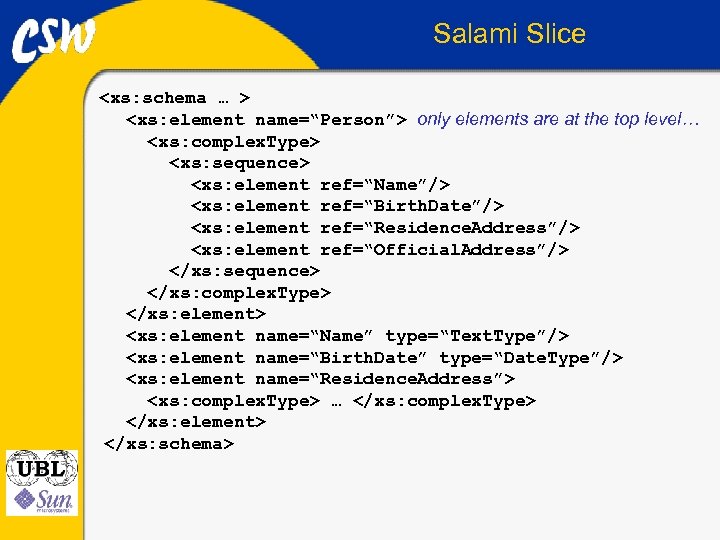 Salami Slice <xs: schema … > <xs: element name=“Person”> only elements are at the