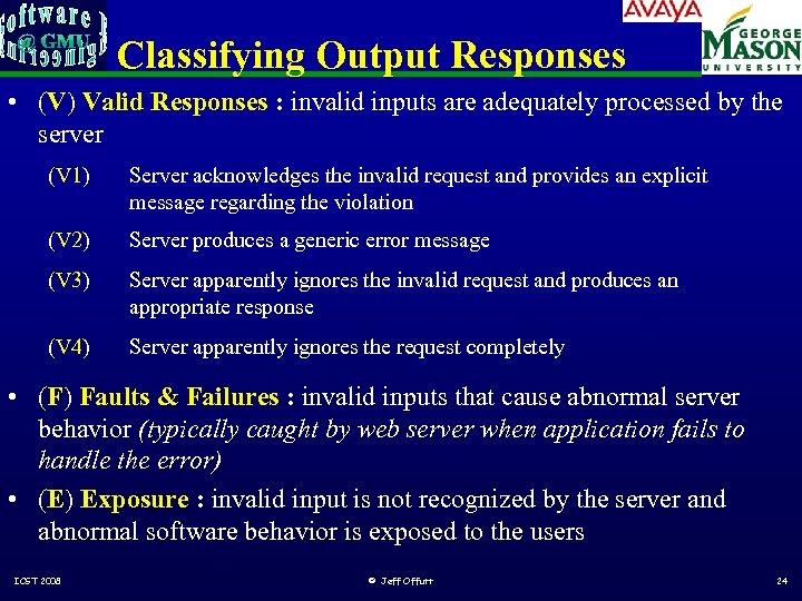 Classifying Output Responses • (V) Valid Responses : invalid inputs are adequately processed by