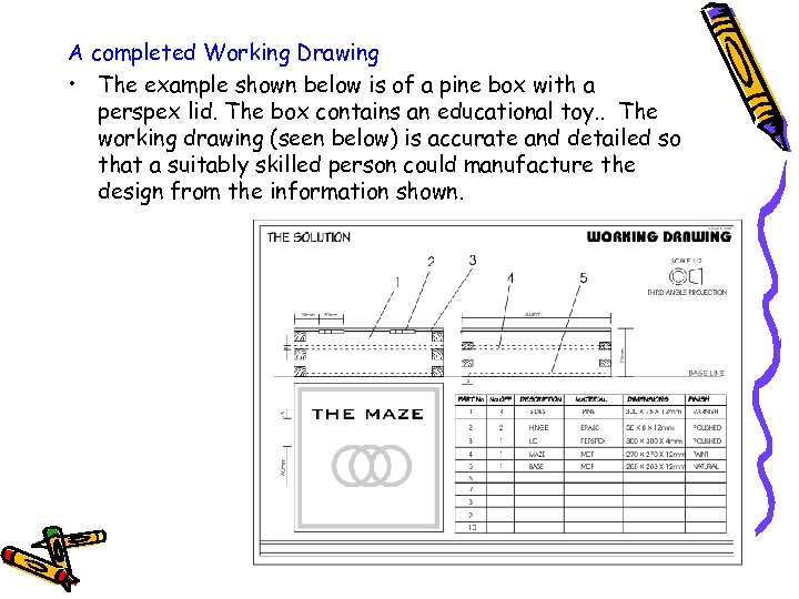 A completed Working Drawing • The example shown below is of a pine box