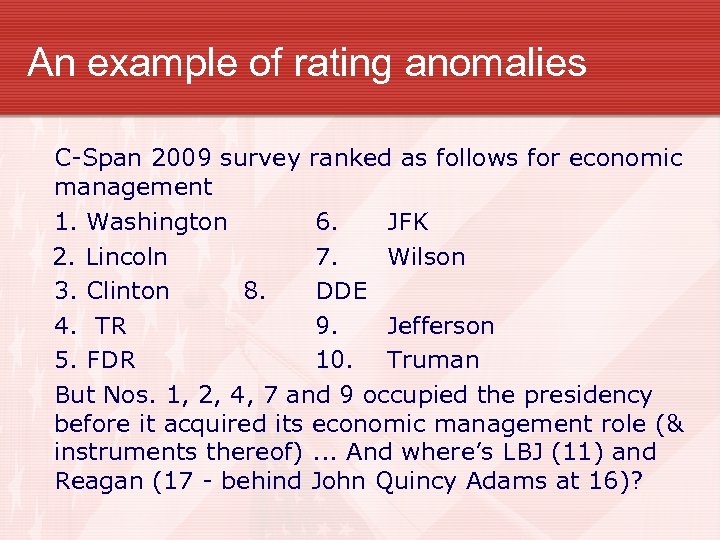 An example of rating anomalies C-Span 2009 survey ranked as follows for economic management