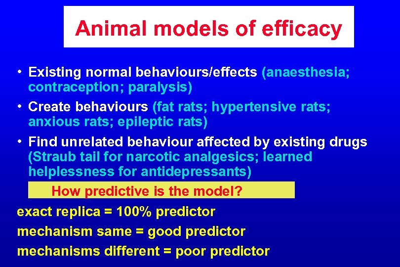 Animal models of efficacy • Existing normal behaviours/effects (anaesthesia; contraception; paralysis) • Create behaviours