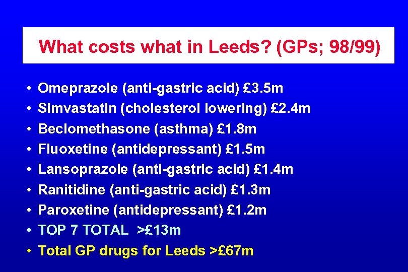 What costs what in Leeds? (GPs; 98/99) • • • Omeprazole (anti-gastric acid) £