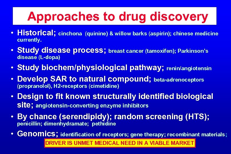 Approaches to drug discovery • Historical; cinchona (quinine) & willow barks (aspirin); chinese medicine