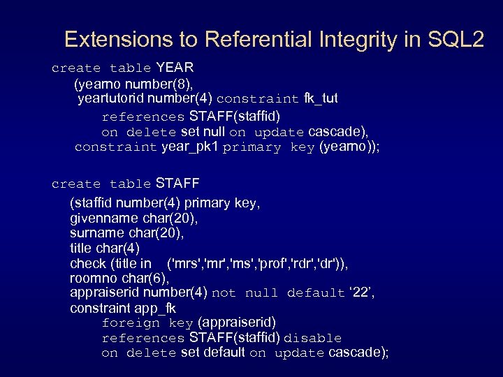 Extensions to Referential Integrity in SQL 2 create table YEAR (yearno number(8), yeartutorid number(4)