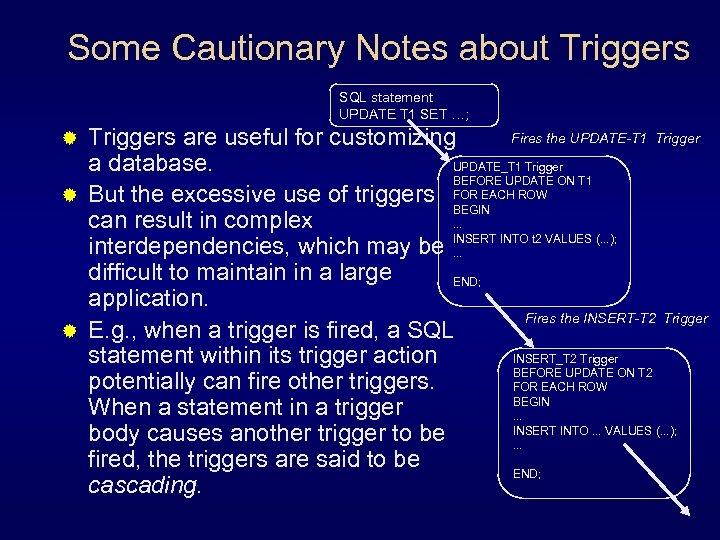 Some Cautionary Notes about Triggers SQL statement UPDATE T 1 SET …; Fires the