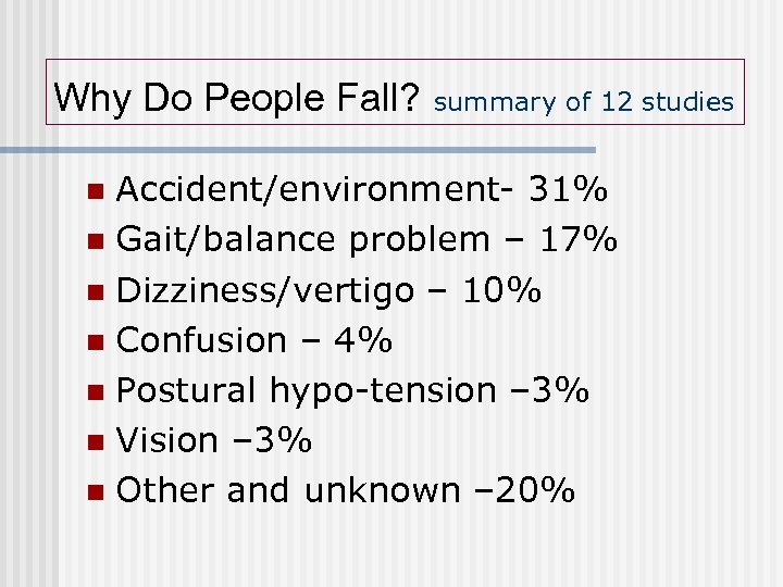 Why Do People Fall? summary of 12 studies Accident/environment- 31% n Gait/balance problem –