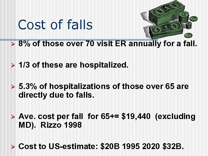 Cost of falls Ø 8% of those over 70 visit ER annually for a