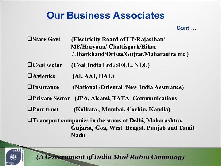 Our Business Associates Cont…. q. State Govt (Electricity Board of UP/Rajasthan/ MP/Haryana/ Chattisgarh/Bihar /