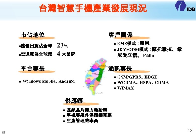 台灣智慧手機產業發展現況 市佔地位 n整體出貨佔全球 n宏達電為全球第 客戶關係 23% 4 大品牌 平台專長 n n n EMS模式： 蘋果