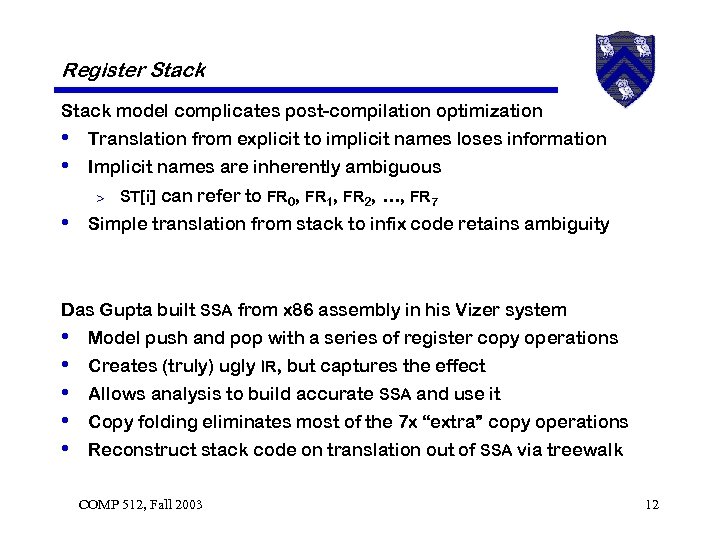 Register Stack model complicates post-compilation optimization • Translation from explicit to implicit names loses