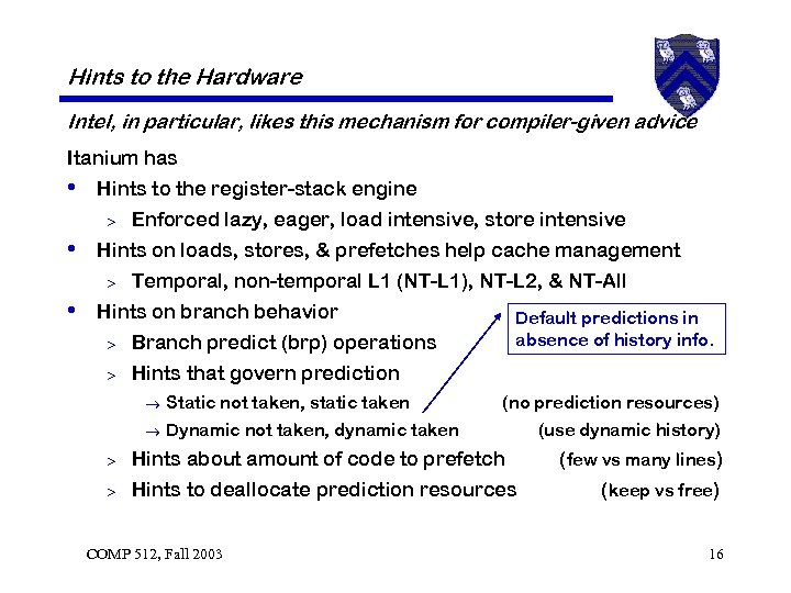 Hints to the Hardware Intel, in particular, likes this mechanism for compiler-given advice Itanium