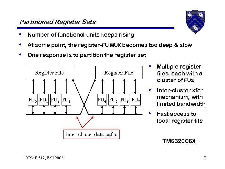 Partitioned Register Sets • Number of functional units keeps rising • At some point,