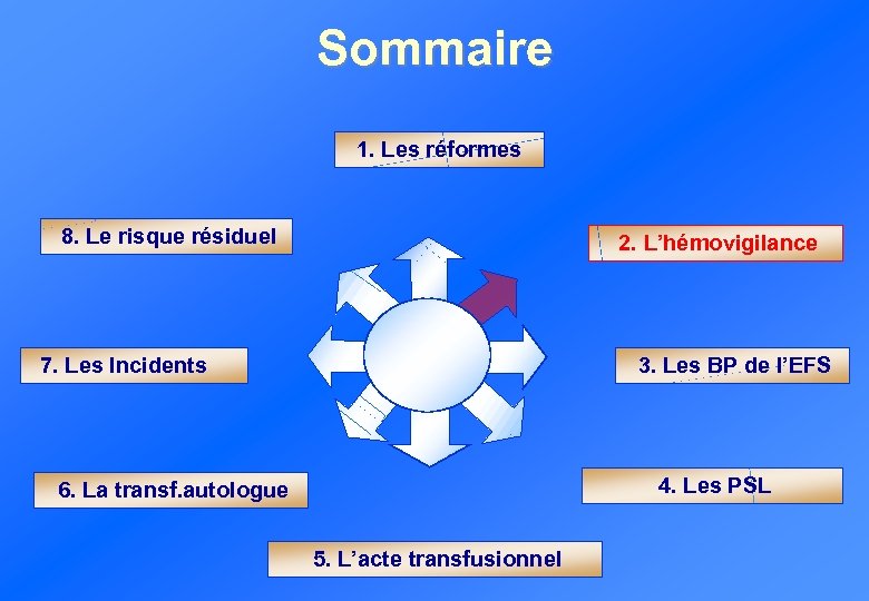 Sommaire 1. Les réformes 8. Le risque résiduel 2. L’hémovigilance 7. Les Incidents 3.