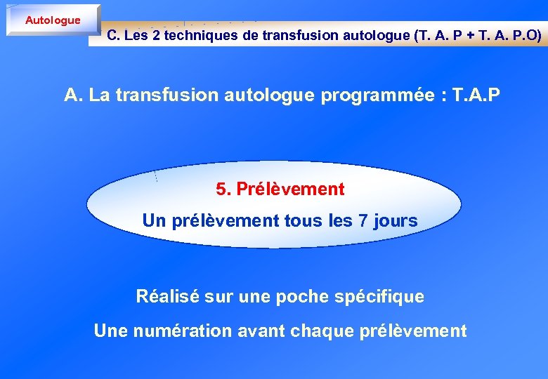 Autologue C. Les 2 techniques de transfusion autologue (T. A. P + T. A.