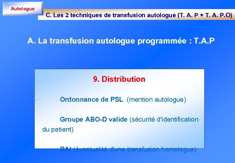 Autologue C. Les 2 techniques de transfusion autologue (T. A. P + T. A.