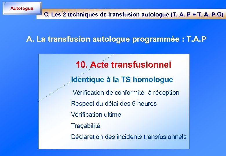 Autologue C. Les 2 techniques de transfusion autologue (T. A. P + T. A.