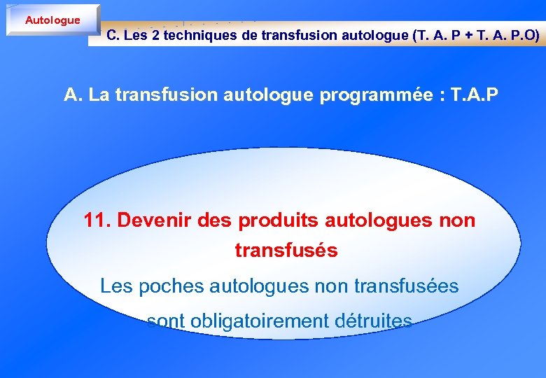 Autologue C. Les 2 techniques de transfusion autologue (T. A. P + T. A.