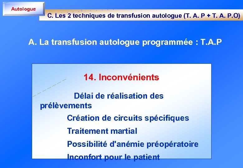 Autologue C. Les 2 techniques de transfusion autologue (T. A. P + T. A.