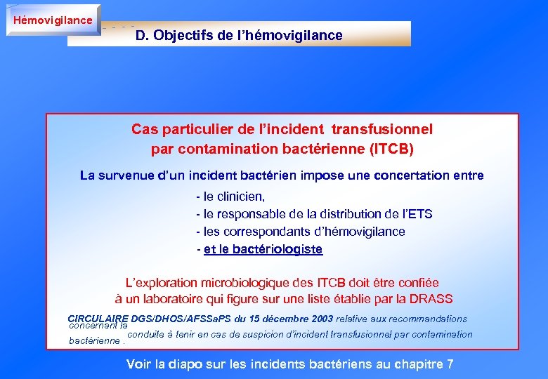 Hémovigilance D. Objectifs de l’hémovigilance Cas particulier de l’incident transfusionnel par contamination bactérienne (ITCB)