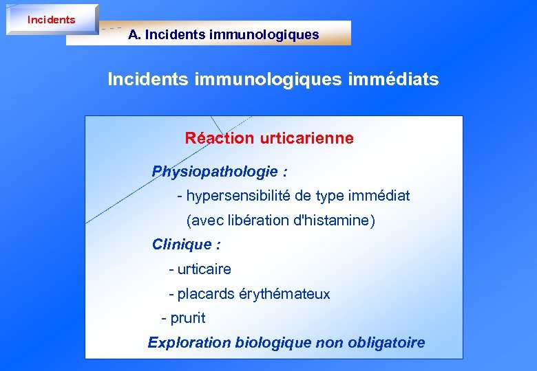 Incidents A. Incidents immunologiques immédiats Réaction urticarienne Physiopathologie : - hypersensibilité de type immédiat