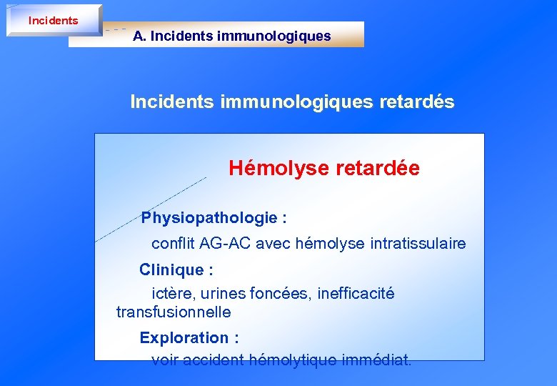 Incidents A. Incidents immunologiques retardés Hémolyse retardée Physiopathologie : conflit AG-AC avec hémolyse intratissulaire