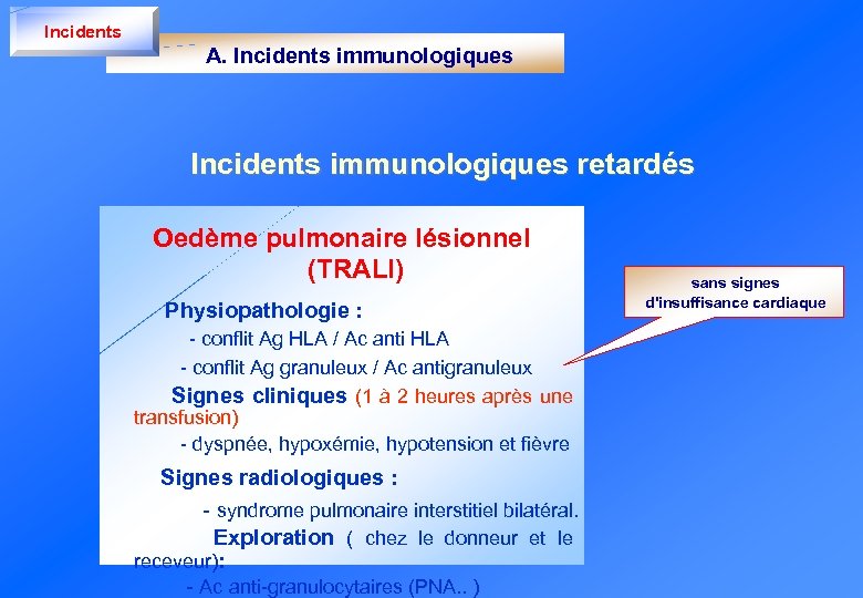 Incidents A. Incidents immunologiques retardés Oedème pulmonaire lésionnel (TRALI) Physiopathologie : - conflit Ag