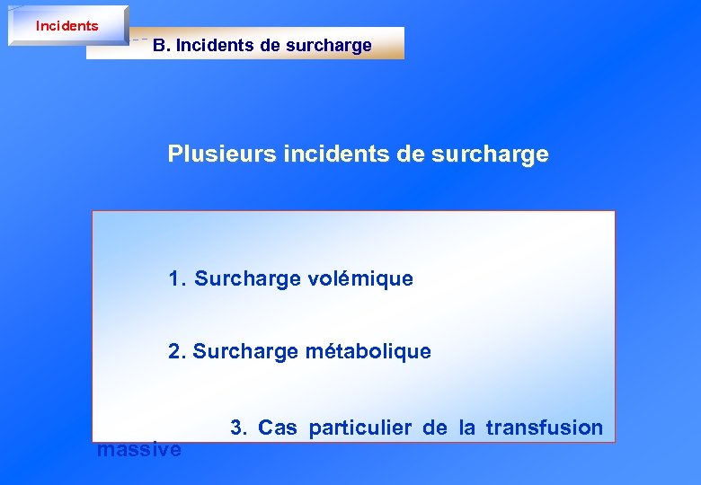 Incidents B. Incidents de surcharge Plusieurs incidents de surcharge 1. Surcharge volémique 2. Surcharge