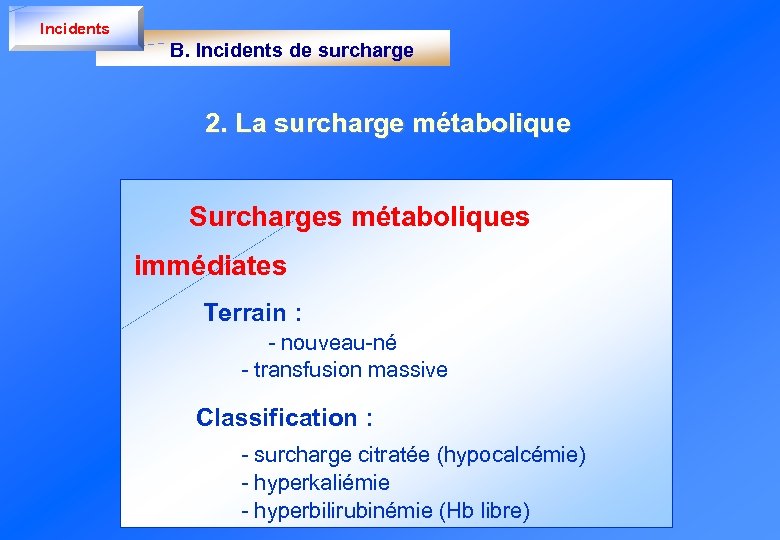 Incidents B. Incidents de surcharge 2. La surcharge métabolique Surcharges métaboliques immédiates Terrain :