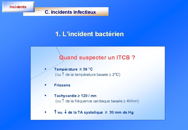 Incidents C. Incidents infectieux 1. L’incident bactérien Quand suspecter un ITCB ? § Température