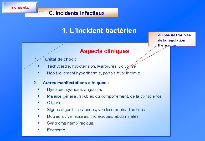 Incidents C. Incidents infectieux 1. L’incident bactérien Aspects cliniques ou pas de troubles de