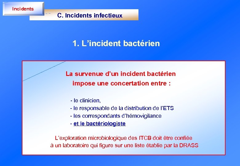 Incidents C. Incidents infectieux 1. L’incident bactérien La survenue d’un incident bactérien impose une