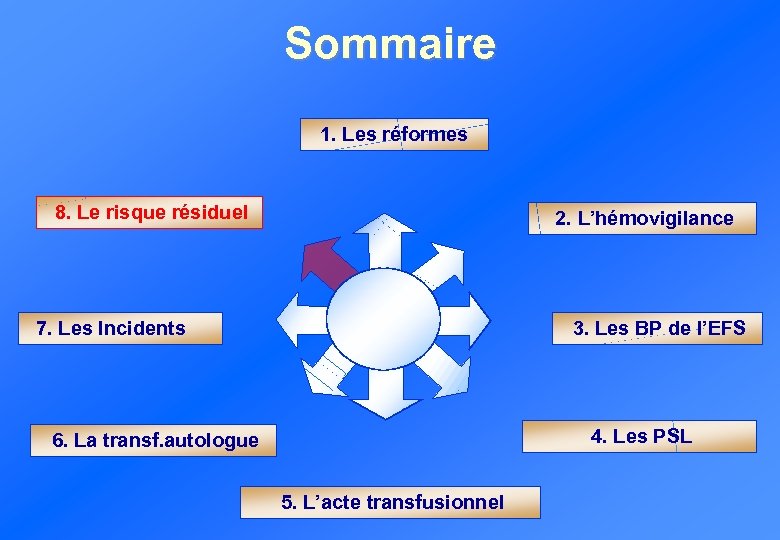 Sommaire 1. Les réformes 8. Le risque résiduel 2. L’hémovigilance 7. Les Incidents 3.