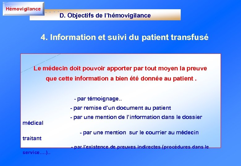 Hémovigilance D. Objectifs de l’hémovigilance 4. Information et suivi du patient transfusé Le médecin