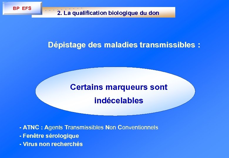 BP EFS 2. La qualification biologique du don Dépistage des maladies transmissibles : Certains