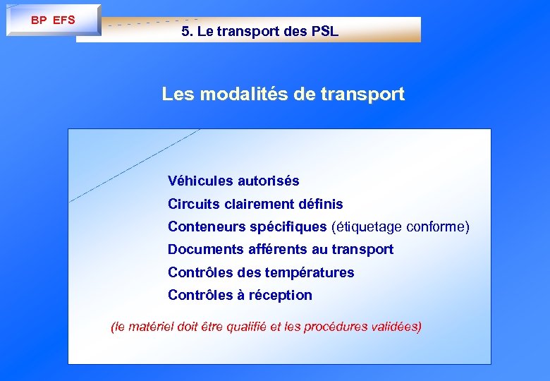 BP EFS 5. Le transport des PSL Les modalités de transport Véhicules autorisés Circuits