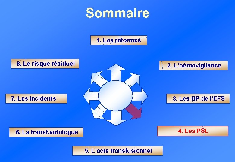 Sommaire 1. Les réformes 8. Le risque résiduel 2. L’hémovigilance 7. Les Incidents 3.