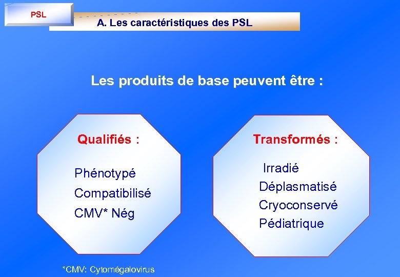 PSL A. Les caractéristiques des PSL Les produits de base peuvent être : Qualifiés