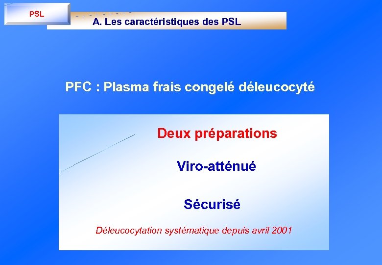 PSL A. Les caractéristiques des PSL PFC : Plasma frais congelé déleucocyté Deux préparations