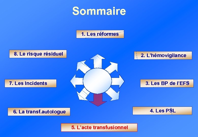 Sommaire 1. Les réformes 8. Le risque résiduel 2. L’hémovigilance 7. Les Incidents 3.