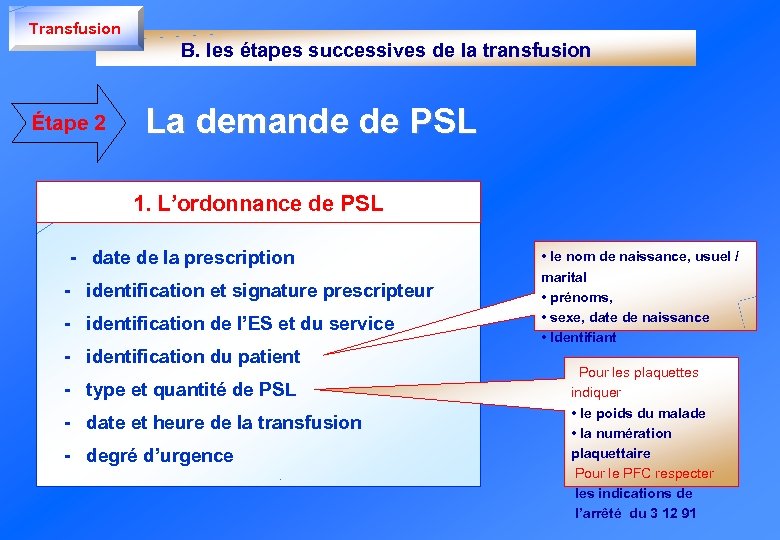 Transfusion B. les étapes successives de la transfusion Étape 2 La demande de PSL
