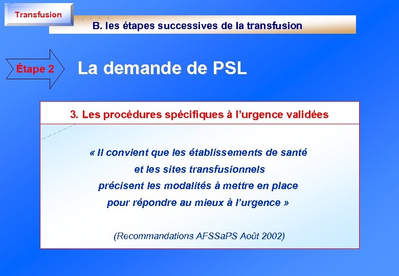Transfusion B. les étapes successives de la transfusion Étape 2 La demande de PSL
