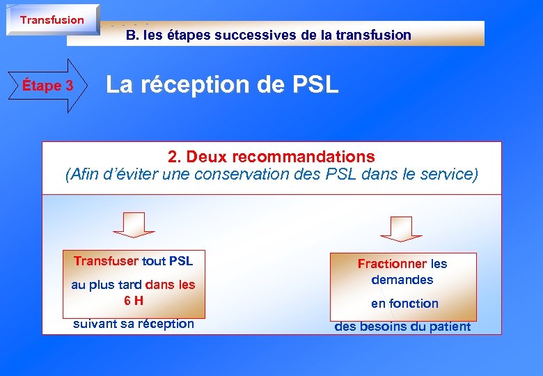 Transfusion B. les étapes successives de la transfusion Étape 3 La réception de PSL