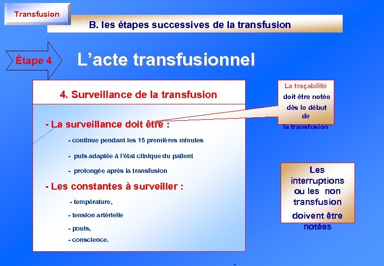 Transfusion B. les étapes successives de la transfusion Étape 4 L’acte transfusionnel 4. Surveillance
