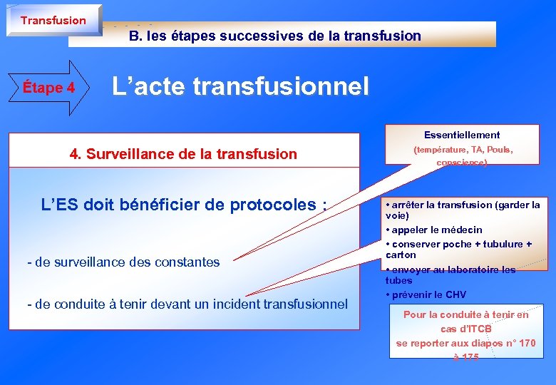 Transfusion B. les étapes successives de la transfusion Étape 4 L’acte transfusionnel Essentiellement 4.