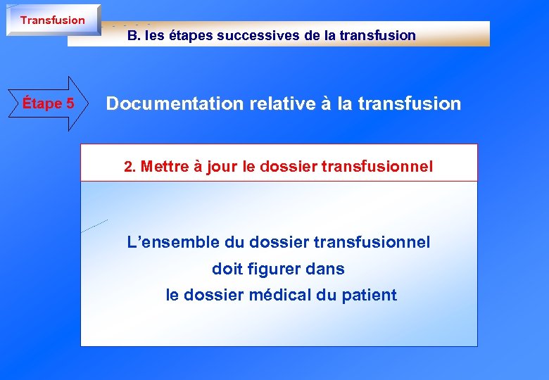 Transfusion B. les étapes successives de la transfusion Étape 5 Documentation relative à la