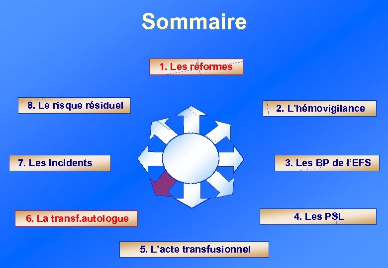 Sommaire 1. Les réformes 8. Le risque résiduel 2. L’hémovigilance 7. Les Incidents 3.