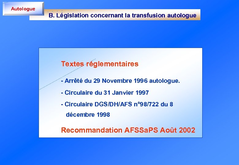 Autologue B. Législation concernant la transfusion autologue Textes réglementaires - Arrêté du 29 Novembre