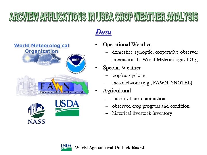 Data • Operational Weather – domestic: synoptic, cooperative observer – international: World Meteorological Org.
